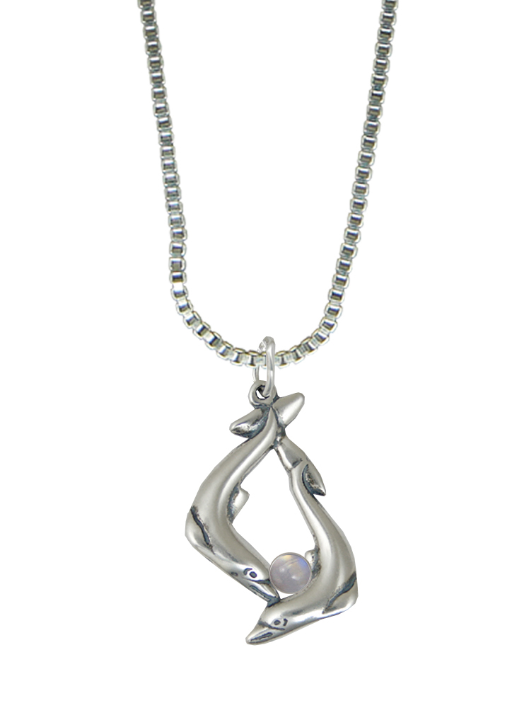 Sterling Silver Dolphins Pendant With Rainbow Moonstone
